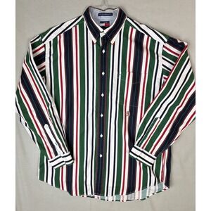 Vintage Tommy Hilfiger Shirt Men's Large 90s Colorblock Stripes Crest Logo